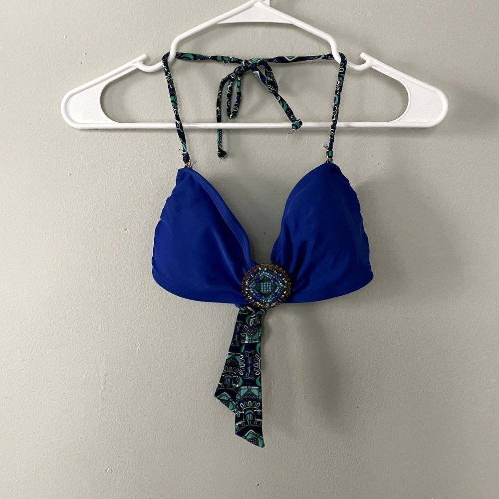 Xhilaration bright blue aqua colored beaded detail bra bikini top tie back